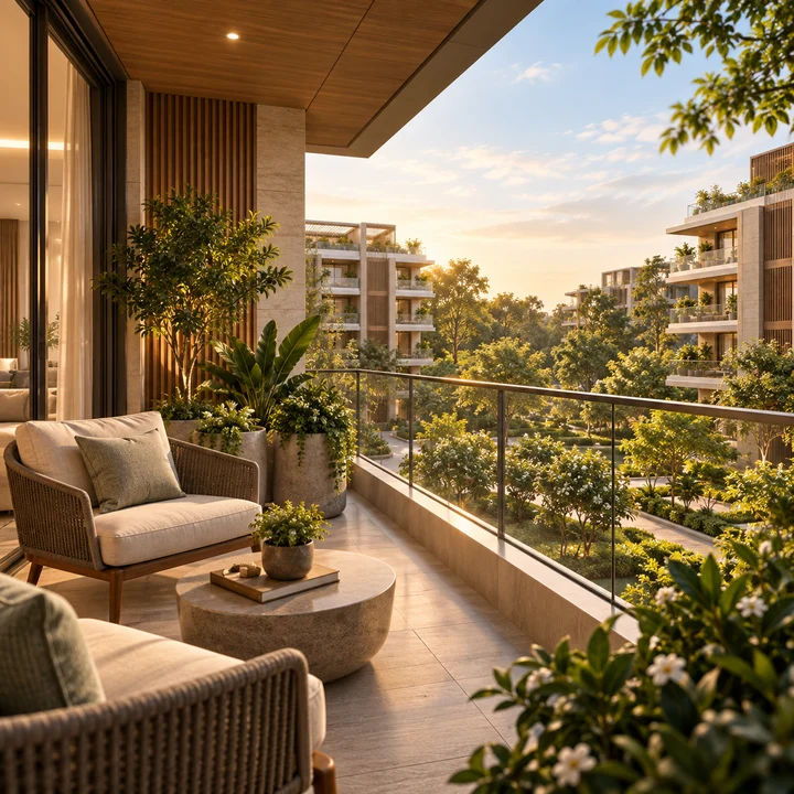 Shriram Bannerghatta villament balcony with seating and planters, artist's impression