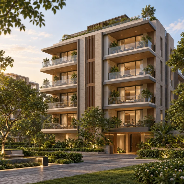 Shriram Bannerghatta low-rise villament block with balconies and planting, artist's impression