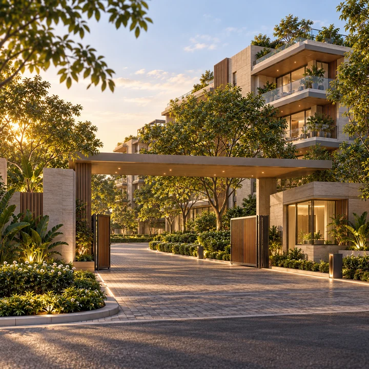 Shriram Bannerghatta gated entrance and tree-lined drive, artist's impression