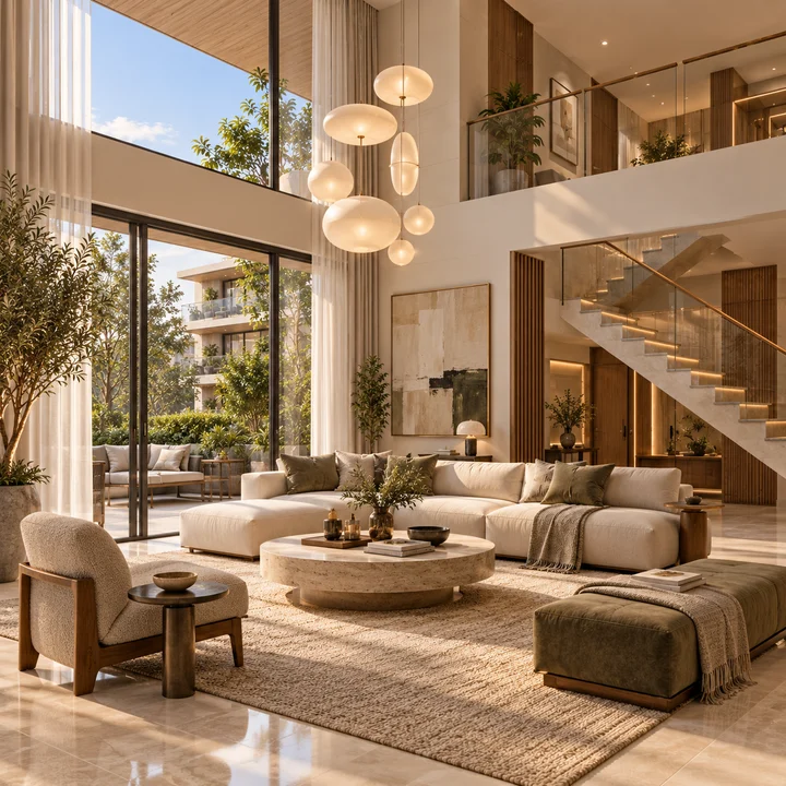 Shriram Bannerghatta duplex villament living room with an internal staircase, artist's impression